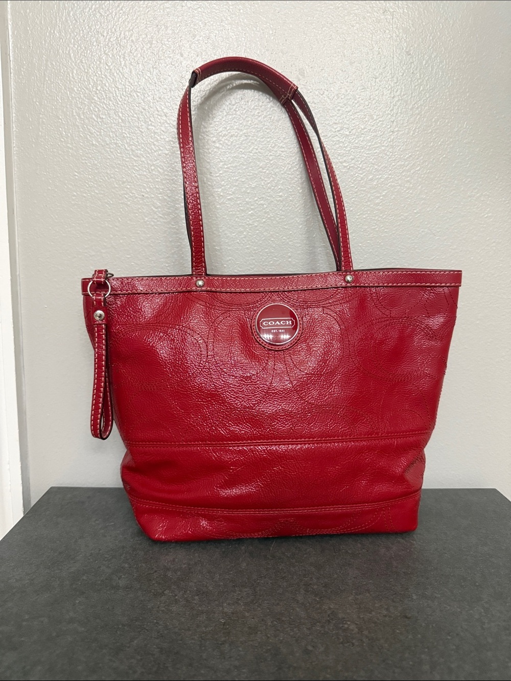 Coach Red Leather Tote with Round Logo Plaque